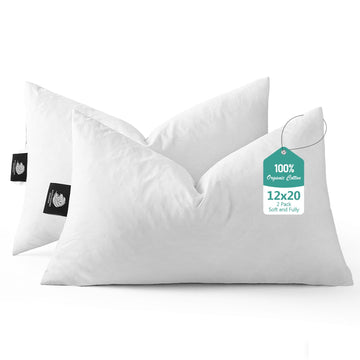 Luxury Feather Down 12x20 Pillow Inserts Set of 2, Soft Fluffy Throw Pillows, 100% Organic Cotton Cover, Lumbar