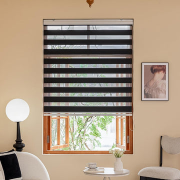 Zebra Blinds for Windows, 72" Hx 24" W Black Roller Light Filtering Control Semi Sheer Windows Shades, Dual Layer