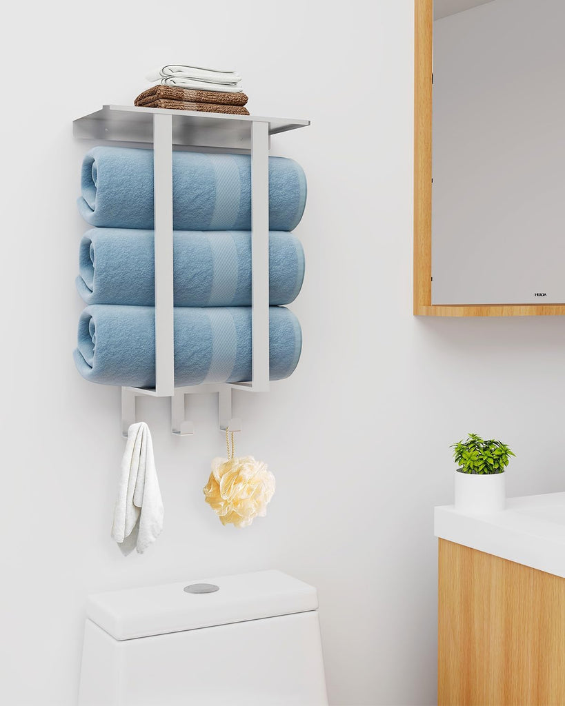 Towel Rack Wall Mounted with 3 Hooks , Brushed | Stainless Steel Towel Storage for Small Bathroom, for Rolled Bath