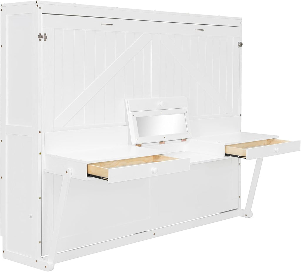 Queen Murphy Bed with Vanity Desk, Foldable Murphy Cabinet Bed with Center Mirror and 2 Side Storage Drawers, Wood