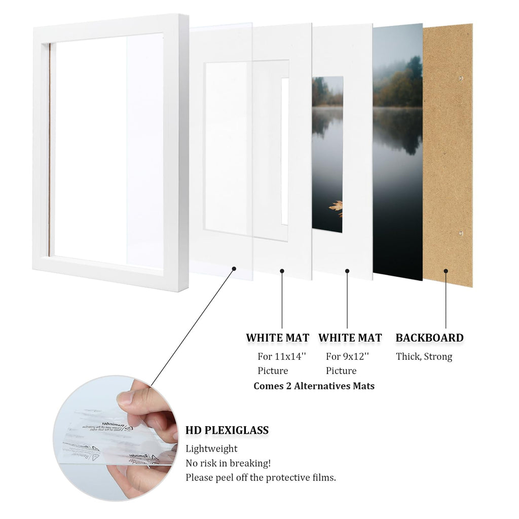 12x16 Picture Frame White Covered by Plexiglass Made of Solid Wood, Display Pictures 9x12 and 11x14 with Mat or 12x16