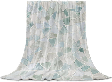 Vintage Stone Print Throw Blanket Boho Coastal Teal Mosaic Texture Flannel Cozy Soft Warm Fleece Blankets, 50 x 60 inch