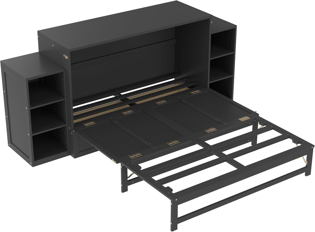 Queen Murphy Bed, Cabinet Bed with 2 Shelves and Storage Drawers, Farmhouse Murphy Cabinet, Noisy Free, for Guest