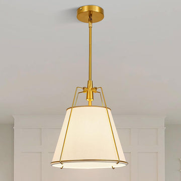 Modern Pendant Light Fixtures with 12" White Linen Fabric Shade, Adjustable Hanging Light Fixture,Drum Gold Vintage