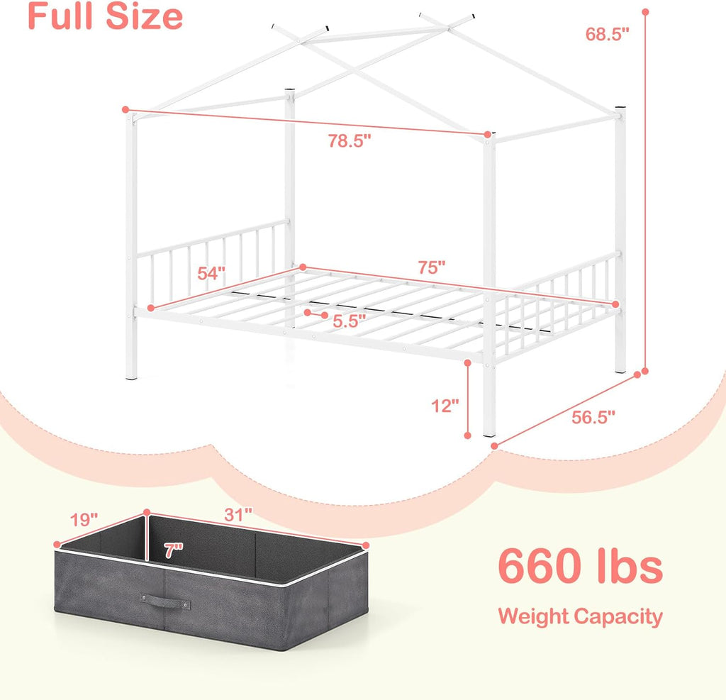 Full Size House Bed with 2 Storage Drawers, Metal Montessori Bed Frame with Headboard & Footboard, Full House Beds