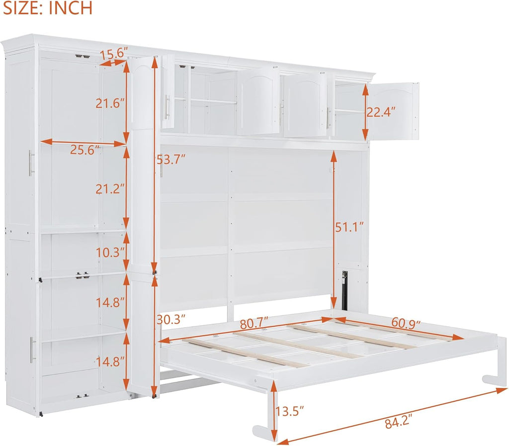 Queen Murphy Bed Wall Bed with Cabinets,White