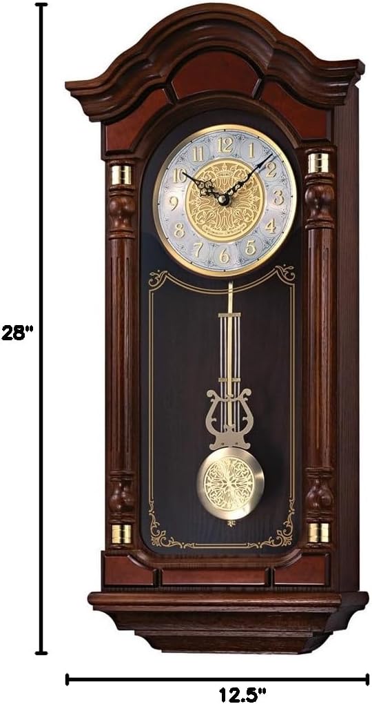 Oak Wood Pendulum Wall Clock with Chimes, Dark Brown, 28 x 12.5 x 6 Inches