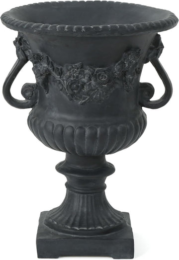 Antique Black Outdoor Urn Planter, Magnesium Oxide Large Urn Planter Outdoor with Drainage Hole, Elegant Vintage Style