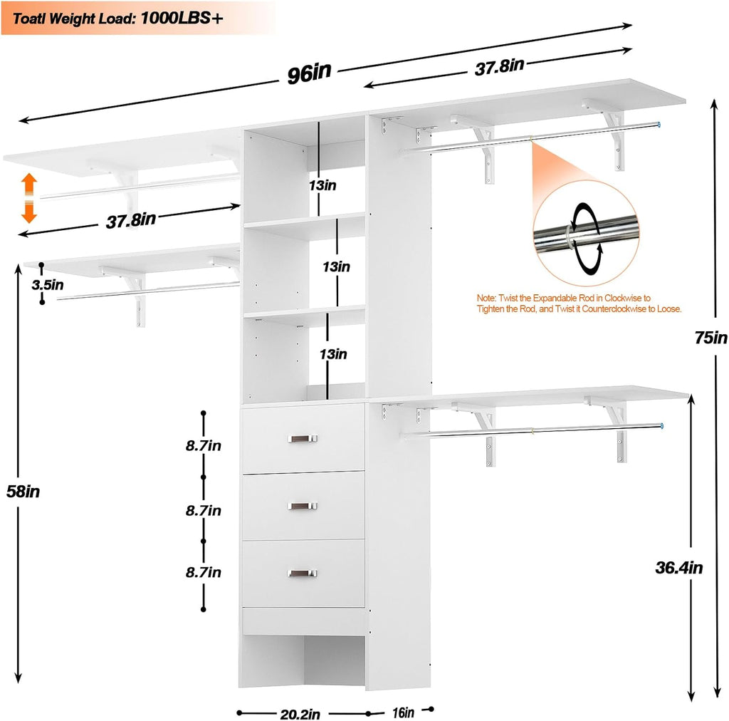 96" Wood Closet System with 3 Enclosed Drawers & 3 Solid Shelves, 8FT Adjustable Closet Organizers and Storage, Heavy