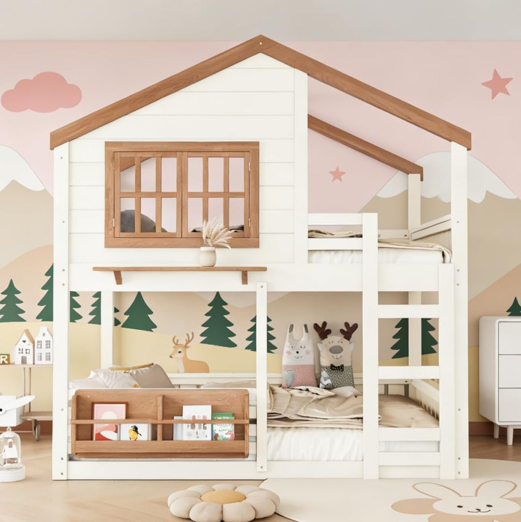 Bunk Bed Full Over Full with Ladder, House Bunk Beds with Bookshelf and Window for Kids, Teens, Beige & Natural