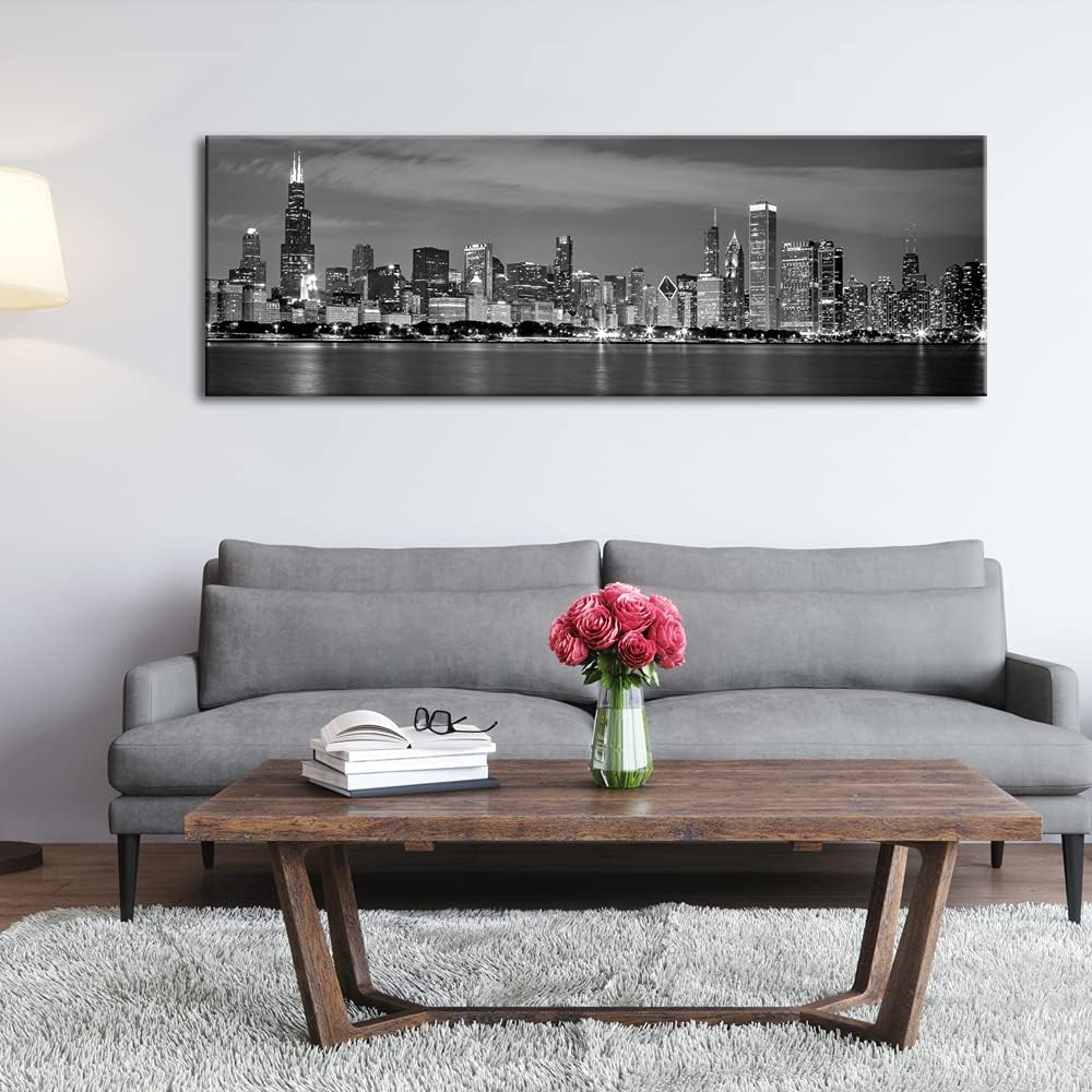 Chicago City Center Skyline in Black and White Canvas Prints Modern Canvas Art Cityscape Wall Decorations Pictures
