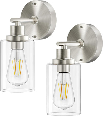 Bathroom Wall Sconces Set of 2, Brushed Nickel Vanity Light Fixtures | E26 Base, LED Indoor Wall Mount Lamp