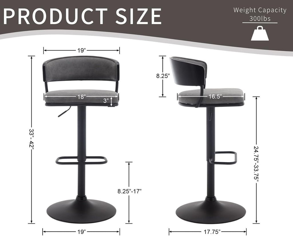 Adjustable Modern Bar Stools Set of 4 Faux Leather Barstools Swivel Counter Height Bar stools with Curved Back/Black