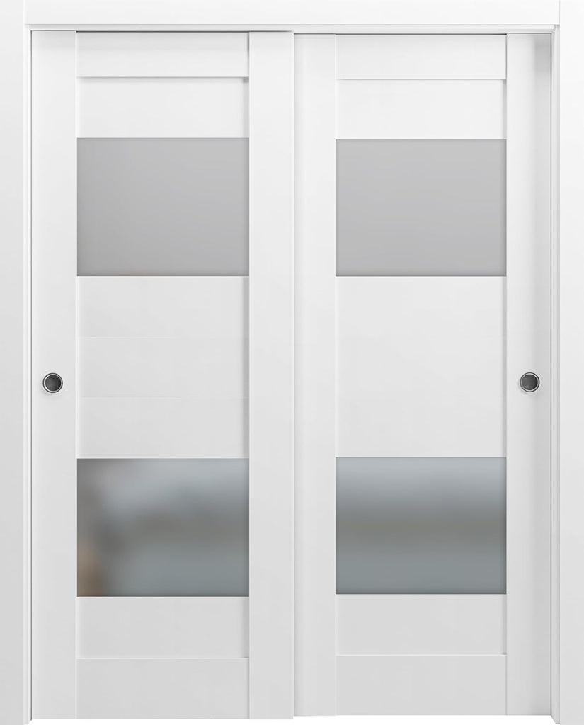 Sete 6222 Bypass Interior Doors with Frosted Glass, MDF, 84x80, White, Modern Style Hardware Include