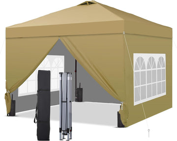 10'x10' Pop Up Canopy Tent, Portable Gazebo, Easy Up Outdoor Canopy for Events, Parties, Camping, Brown.