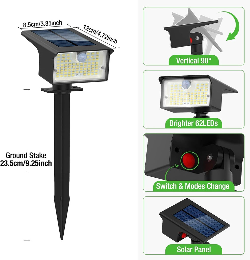 3 Pack 62 LED Solar Spot Lights Outdoor Motion Sensor with 3 Modes | 2-in-1, Auto ON/OFF, Solar Powered, Waterproof