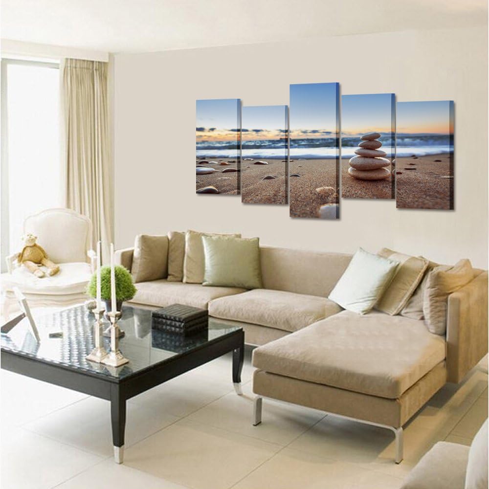 5 Pieces Canvas Prints Wall Art Zen Stones Balance Pebbles Stack on Beach Modern Wall Decor Stretched Gallery Canvas