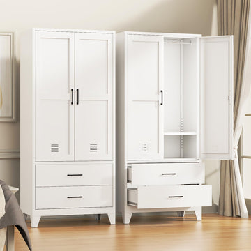 71"Tall Metal Wardrobe Closet, Armoire with Hanging Rod & 2 Drawers