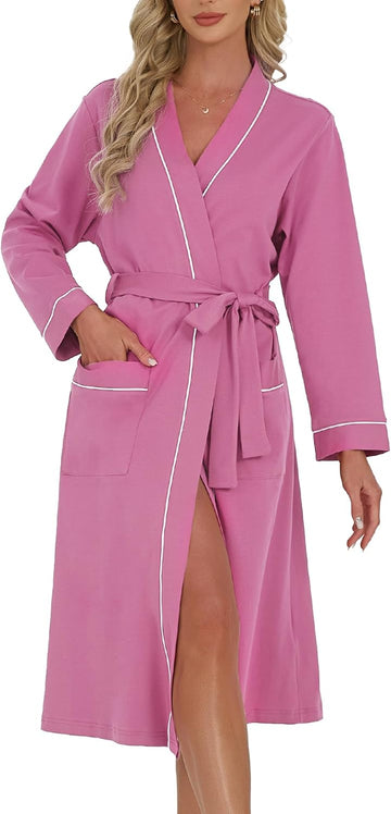 Womens Organic Cotton Robe, Lightweight Long Kimono Bathrobe for Women, Soft Spa Lounge Sleepwear with Pockets