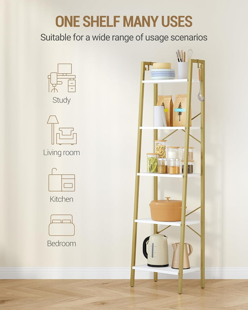 Ladder Shelf, Bookshelf Bookcase, Freestanding Corner Storage Shelve with 2 Hooks, Industrial