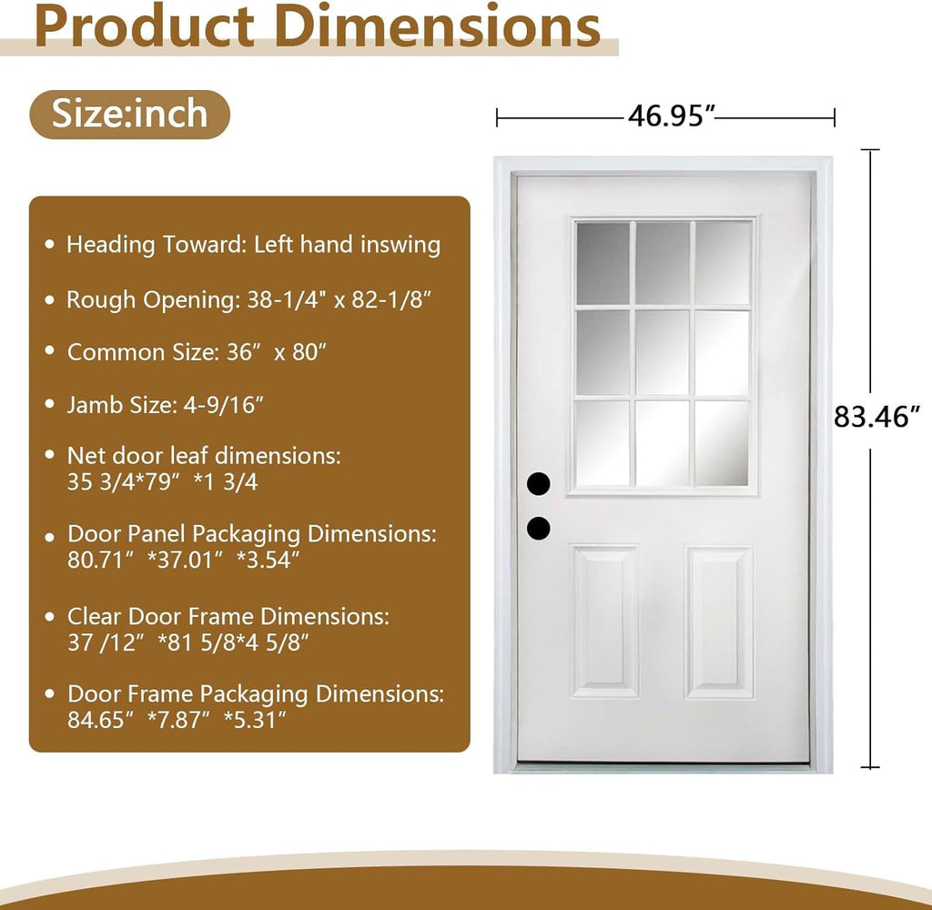 36 X 80 Exterior Door with Glass, Modern Front Door for House Exterior, Entry Doors for Home, Primed Fiberglass, Left