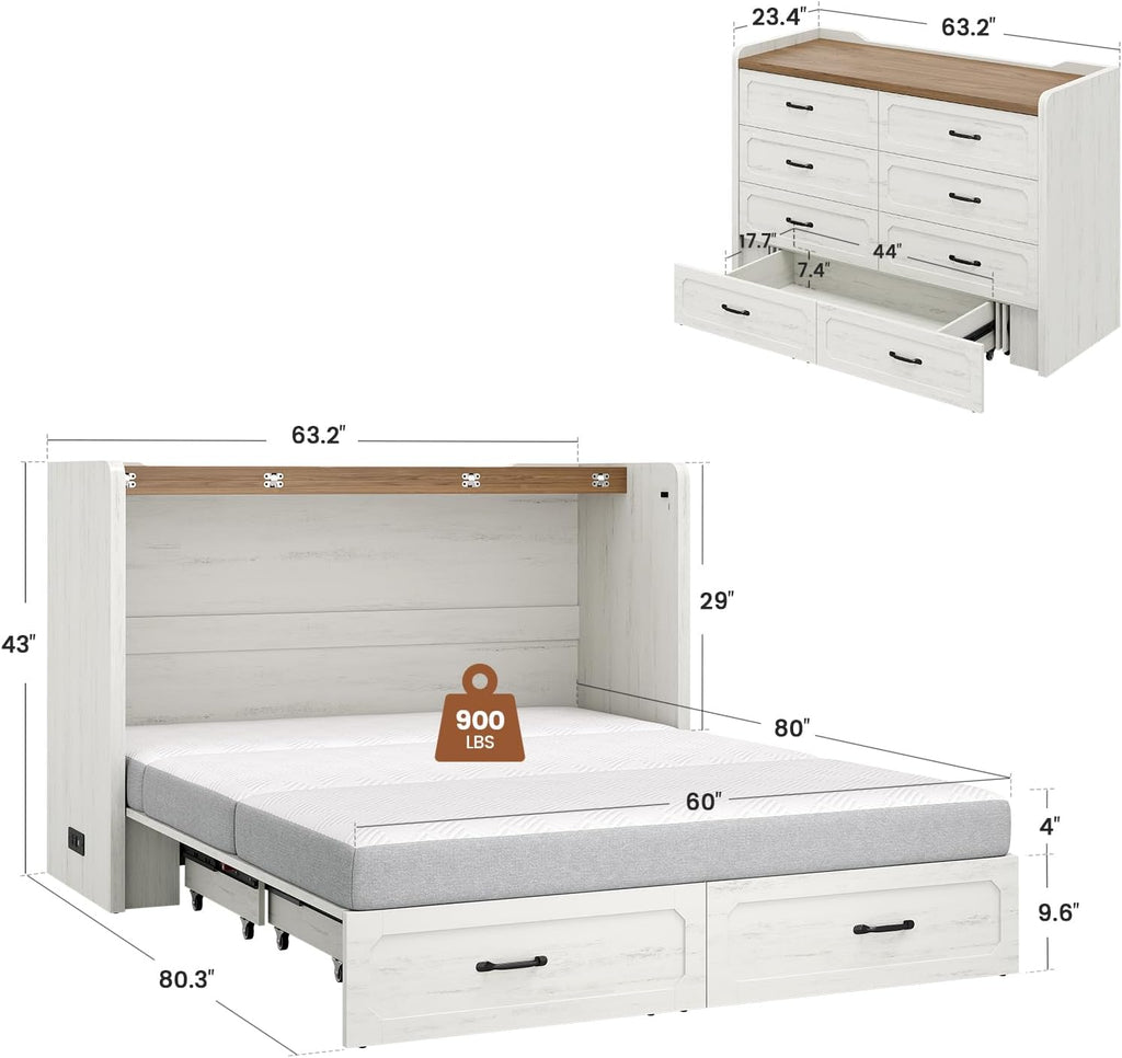 Queen Murphy Bed with 4" Trifold Mattress, Farmhouse Murphy Cabinet Bed with Storage Drawers, Charging Station & Hidden Compartment, Hideaway Bed Cabinet for Bedroom, Guest, Rustic White