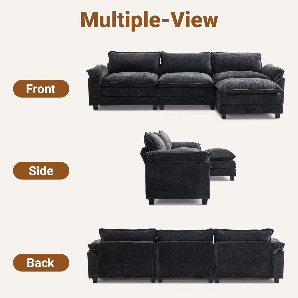 122" Cloud Black Convertible Sectional Sofa, Comfy L-Shape Extra Deep Seat Sofa Couch, Modern Chenille 3-Seat