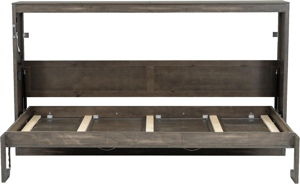 Folding Wall Bed Twin, Hidden Murphy Bed Twin with LED Lights, Space Saving for Bedroom Office, Brown