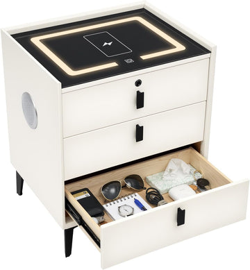 Smart Nightstand with Bluetooth Speaker USB Charging, 3 Drawer | Bedroom Daily Storage Scene, 4.72in Raised Legs