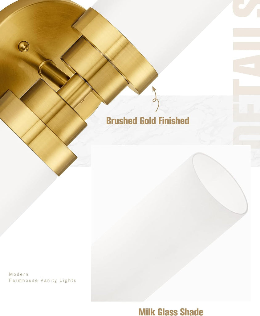 Modern 22 Inch Bathroom Light Fixtures Over Mirror, Brushed Gold Vanity Light Bar with Milk Glass Shade, 2-Light