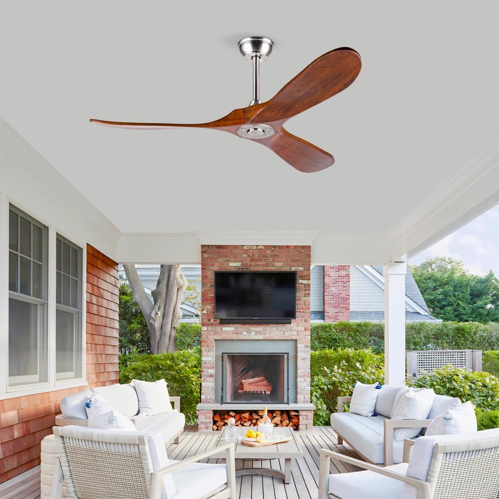 52 Inch Outdoor Ceiling Fan with Remote Control - Solid Wood 3 Blade, Water Resistant, Walnut