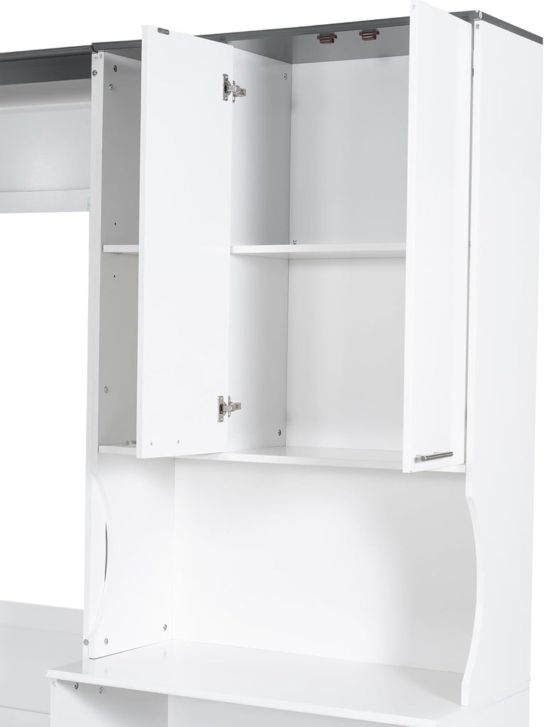 Queen Murphy Bed with Sofa, Desk and Storage Cabinet, Solid Wood Wall Bed Frame, Space-Saving Foldable Design, White
