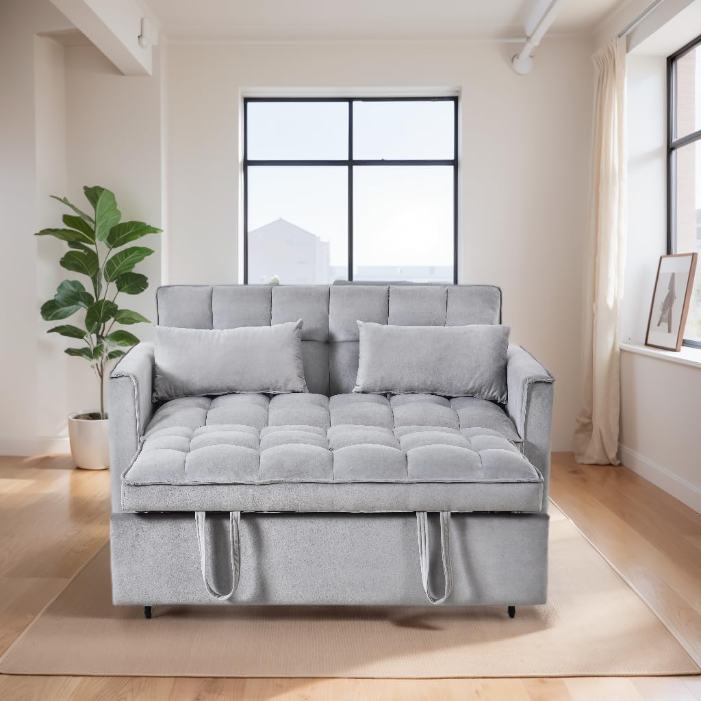 53" Sleeper Sofa, 3-in-1 Convertible Pull Out Couch, Velvet Loveseat with Adjustable Backrest, Side Pockets & 2
