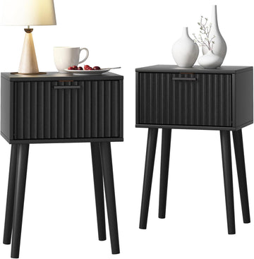 Nightstands Set of 2, Small Side Table, Bedside Table with Fluted Door, Solid Wood Feet, Modern Mid-Century End Table