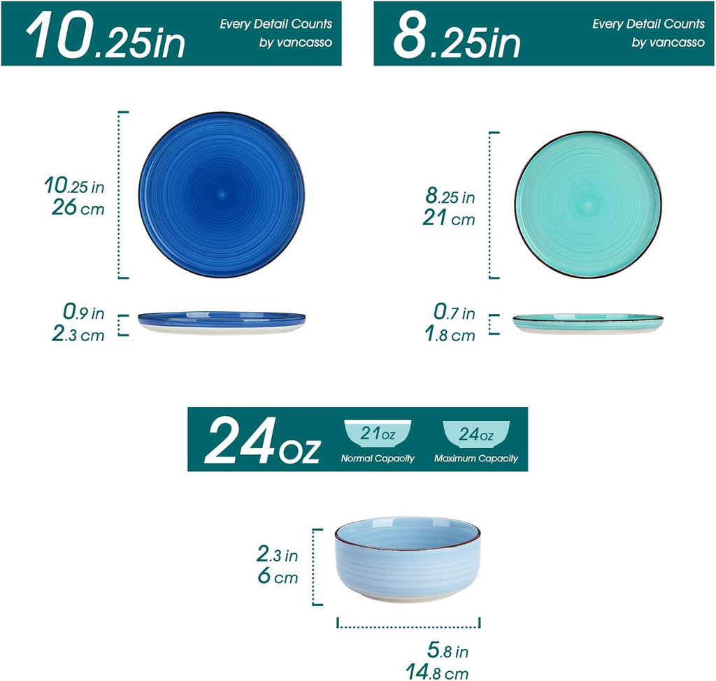 Bonita Blue Dinnerware Sets, Plates and Bowls Set for 4, 12 Pieces Stoneware Dinnerware Set