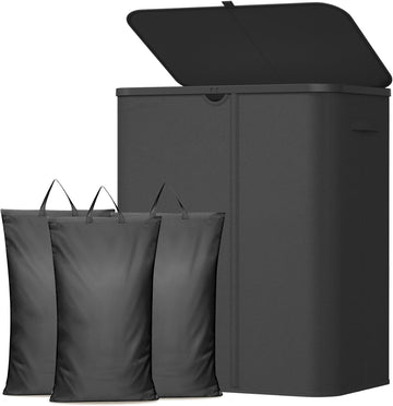 185L 3 Section Laundry Hamper with Lid, Large Laundry Basket with Handles and Removable Bags, Tall Clothes Hamper