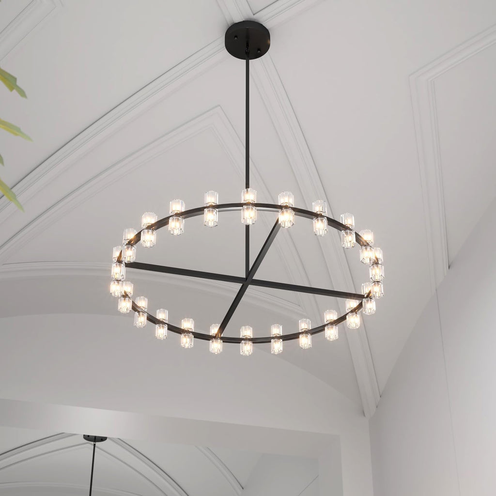 Inspired Arcachon Style Round Wagon Wheel Chandelier, 40" 40-Light Black — Foyer, Dining & Living Room