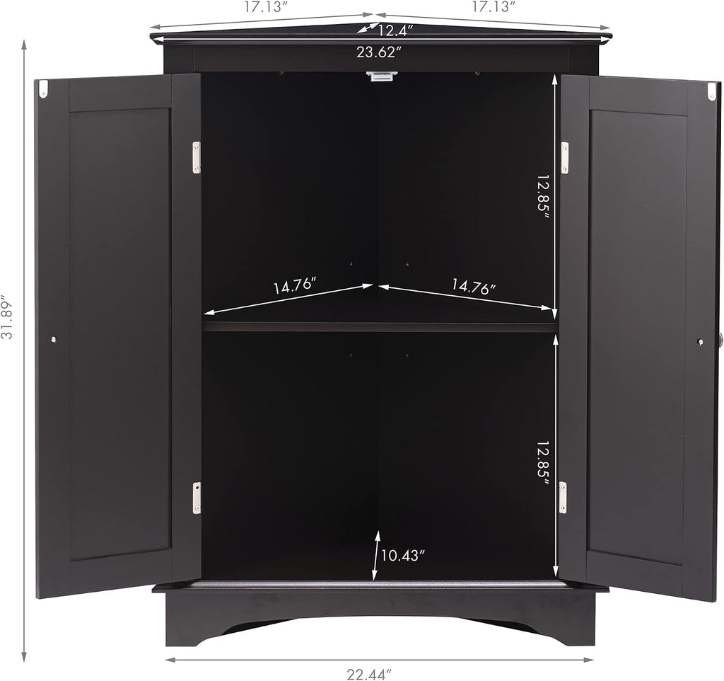 Floor Corner Cabinet with Two Doors and Shelves, Free-Standing Corner Storage Cabinets , Espresso | Space-Saving