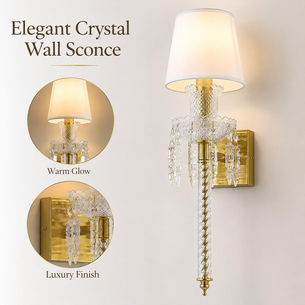 Modern Crystal Wall Sconce with Linen Shade Vintage Crystal Gold Wall Light Modern Glass Golden Wall Lamp for Bedroom, Hallway, Living Room, Mirror