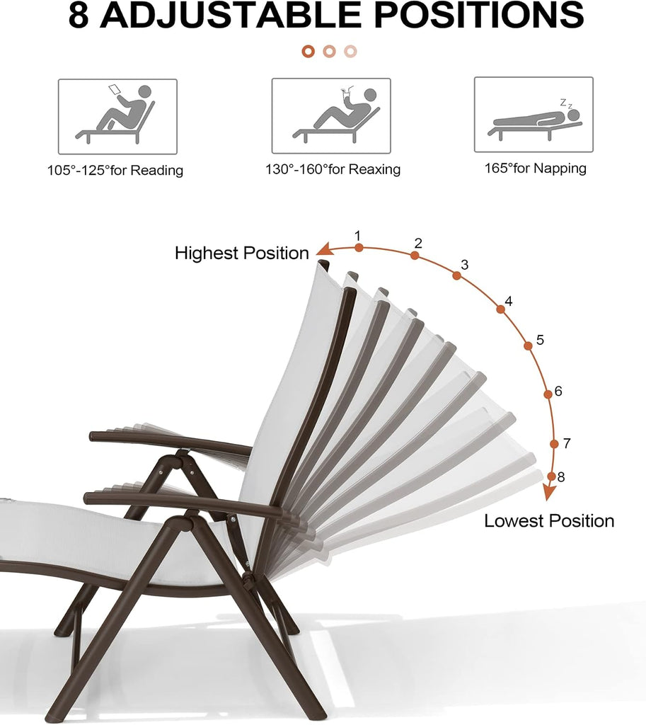 Lounge Chair Outdoor, Folding Pool Chaise Chairs Set of 2 (Light Gray) | Rust-Resistant Aluminum Frame, 8-Position