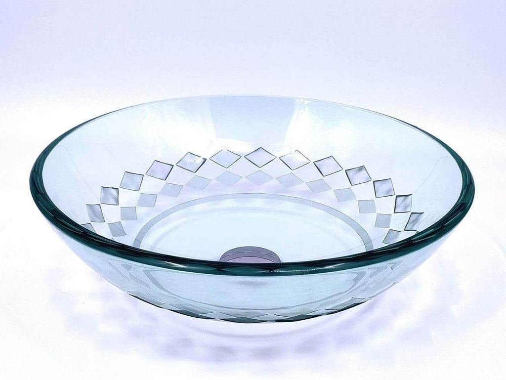 Elegant Handmade Round Circular Pattern Bathroom Sink Tempered Clear Glass Unique Carved Pattern Handmade Vessel Bowl