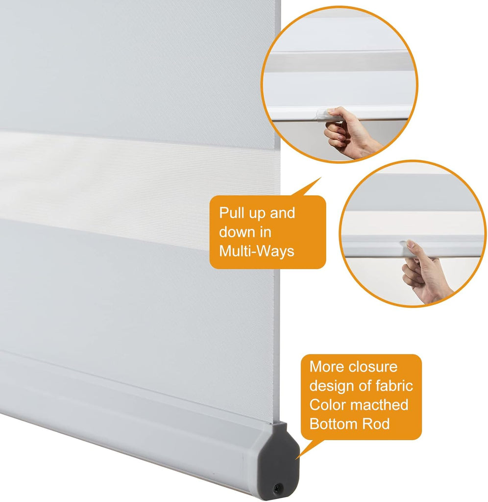 Custom Size Cordless Zebra Blinds for Windows Free-Stop Roller Windows Shades Dual Layer Light Control for Day and