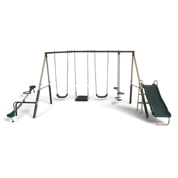 Crestview Metal Swing Set with 2 Swings & Slide, Green/Tan