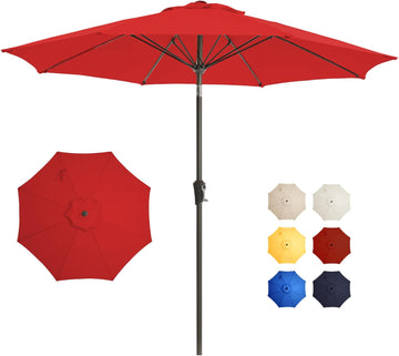 9FT Large Outdoor Patio Umbrella Pool Market Umbrella-UV Resistant, Easy Push Button Tilt and Crank - Red
