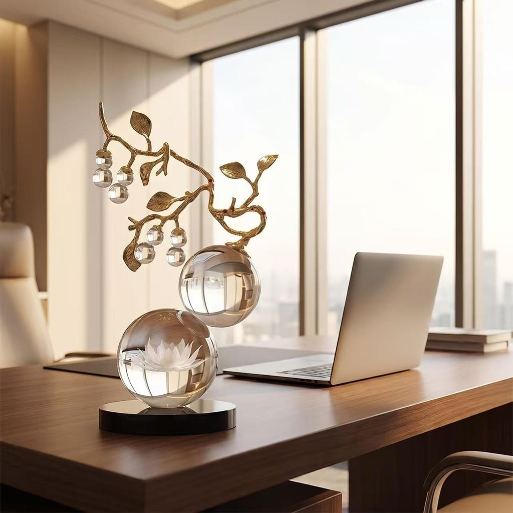 Clear Glass Sculpture, Handmade Gold Metal Branch Decorative Statue | Minimalist Desk Sculpture Decor, Tabletop