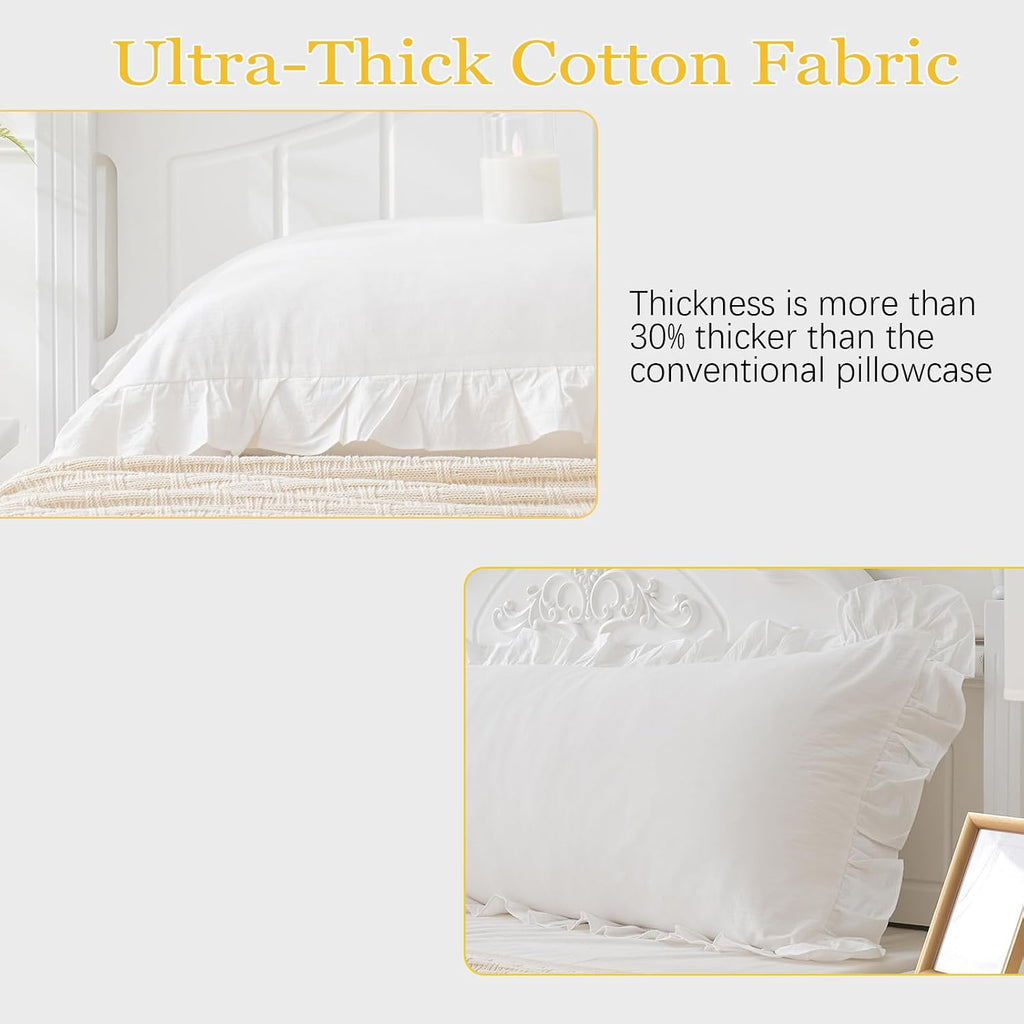Vintage Off White Ruffle Euro Shams Shabby Farmhouse Pillow Cover 100% Washed Cotton Pillowcases Set of 2-26"x26" White