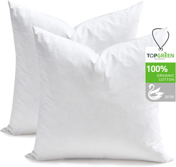 Feather Down Throw Pillow Inserts 20 x 20, 100% Organic Cotton Shell, Soft Decorative Square Pillows Insert - Set of 2