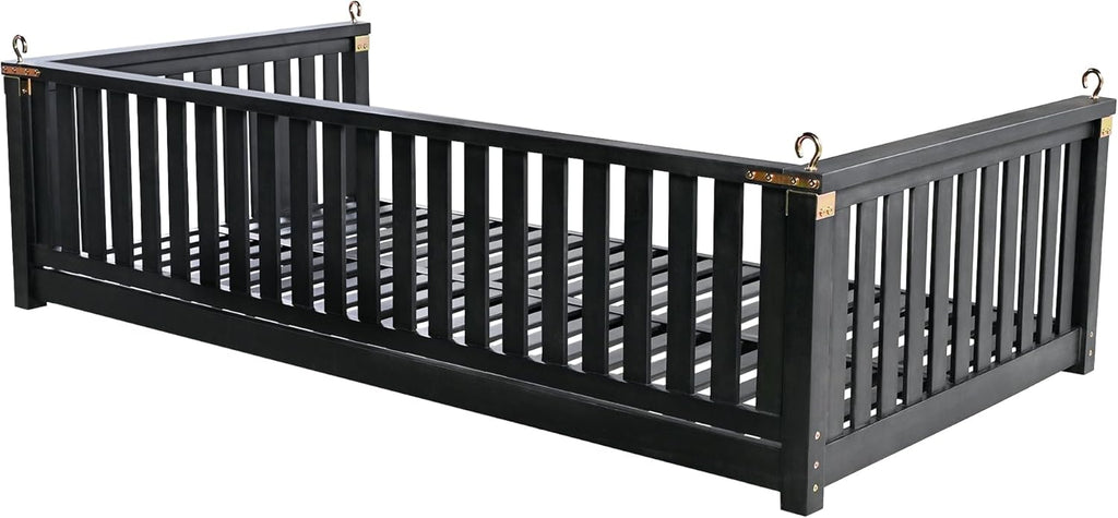 Outdoor Porch Swing Bed, Twin Size Acacia Wood Hanging Daybed with Hemp Ropes, Minimalist Patio Swing Bed for Garden