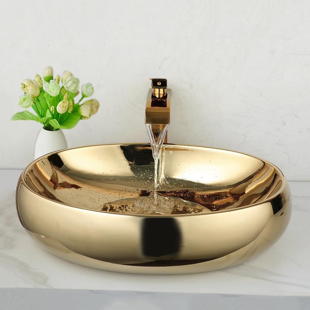 23 Inch Bathroom Vessel Sink with Waterfall Faucet and Pop-Up Drain Combo,Gold Ceramic Sink Bowl Modern Vessel Sink