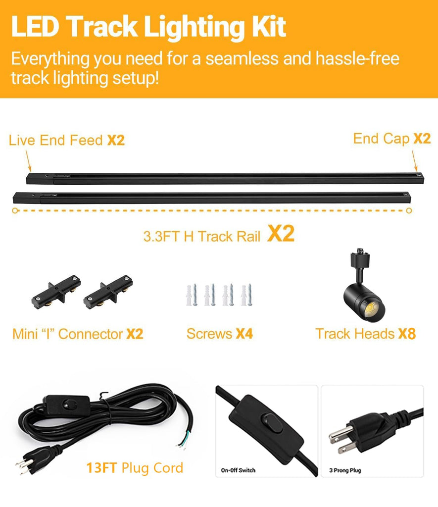 Plug in Track Lighting with Power Cord, 8-Light 3000K Black